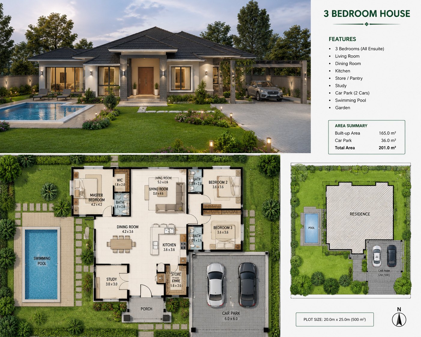 A plan sheet for a 3-bedroom house: an exterior view above a labelled floor plan showing the master bedroom, two further bedrooms, living and dining rooms, kitchen, study and car park, beside a site plan and an area summary totalling 201 square metres on a 500 square metre plot.